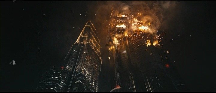 One of the towers is set ablaze from a heicopter crash